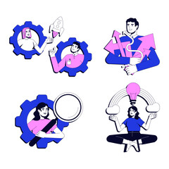 Problem solving vector illustration concept set. Startup business, company. Control, monitoring. Workflow communication, teamwork. Stylized cartoon characters isolated on white. Flat 2D line art pack