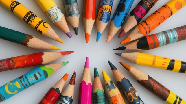 Vibrant Colored Pencils Arranged in a Circular Pattern on White Background: A Colorful Composition