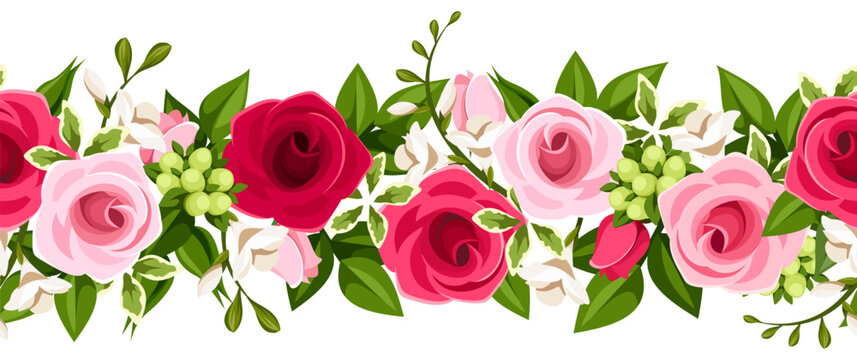 Horizontal seamless border with red and pink roses, freesia flowers, and green leaves. Vector floral seamless garland