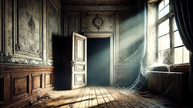 An abandoned room with a haunted and eerie ambiance, showcasing dim lighting and an unsettling atmosphere.
