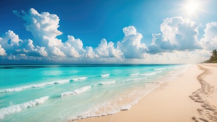 Obraz premium Stunning sandy beach featuring white sand and gently rolling calm waves of turquoise ocean on a sunny day, with white clouds against a blue sky in the background.