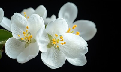 Delicate white flowers with yellow stamens against a dark background