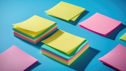 Stack of empty sticky post-it notes arranged on a blue background.