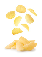Tasty potato chips falling on white background
