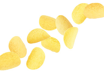 Tasty potato chips falling on white background
