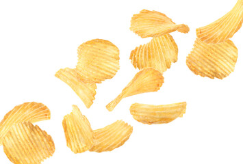 Tasty potato chips falling on white background