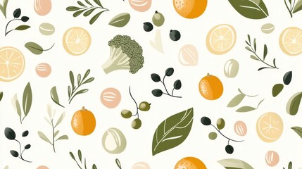 Colorful seamless pattern with mixed fruits, vegetables, and green leaves representing nutritional wellness and healthy eating lifestyle design elements
