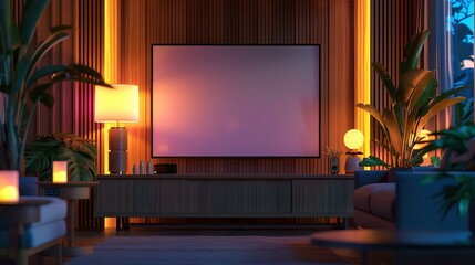 A modern living room showcasing a sleek television against a wood-paneled wall, illuminated by soft ambient lighting from stylish lamps and surrounded by vibrant indoor plants.