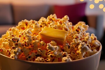 A tempting bowl of buttered popcorn, ready for a cozy movie night at home, with a melting butter cube adding a rich, golden touch to every kernel.