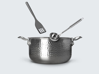 Ladle and slotted spatula in air over saucepan on white background