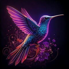 Obraz premium Deep purple hummingbird with long wings and tail. Brightly colored flowers. Amazing.