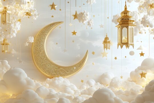 Golden crescent moon and lanterns amidst fluffy clouds and stars celebrating eid al adha themekayum12196@gmail.com