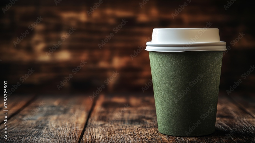 Poster a green paper coffee cup sits alone on a weathered wooden table, creating a calming atmosphere perfe