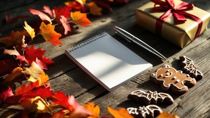 Blank white notepad with a pen on a backdrop of autumn leaves and pumpkin- and bat-shaped candies over an aged wooden surface.