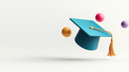 A colorful graduation cap floats amid vibrant spheres, symbolizing achievement and success. isolated on white background.