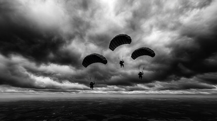 Three military paratroopers descending with parachutes against dramatic dark cloudy sky over landscape. Aerial view. Black and white photography. Memorial Day and military service tribute. 