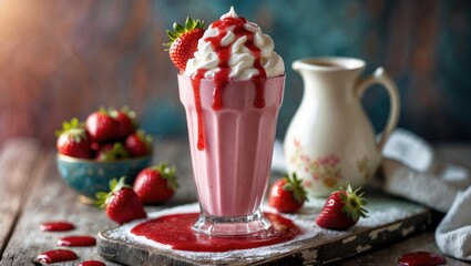 Creamy Strawberry Milkshake A rich strawberry milkshake garnished with whipped cream and fresh strawberries, presented on a rustic board.