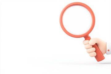 A hand holding a red magnifying glass against a white background. isolated on white background.