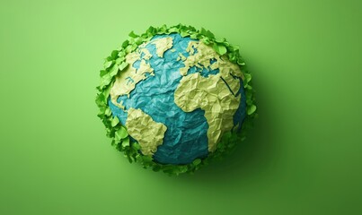 Creative representation of Earth with green leaves and crumpled paper texture