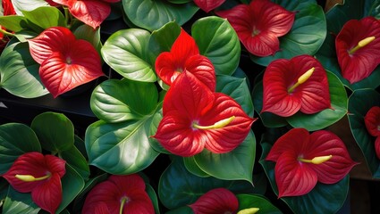 Blooming red anthurium displayed in a shop. Sale of exotic plants. Flower Small Business Concept. Overhead view.