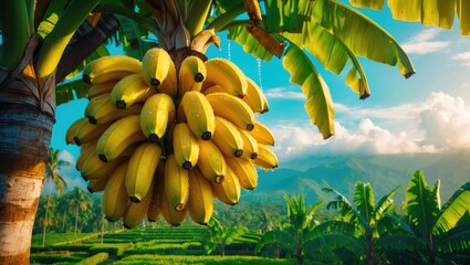 Banana tree featuring a cluster of ripening yellow bananas, set against a plantation backdrop.