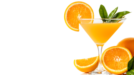 A glass of orange juice with a slice of orange on top. The glass is half full and the orange slice is on the rim of the glass