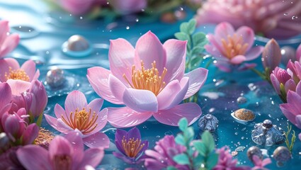 Tranquil Water Garden with Pink Lotus Flowers and Sparkling Dew Drops on a Sunny Day