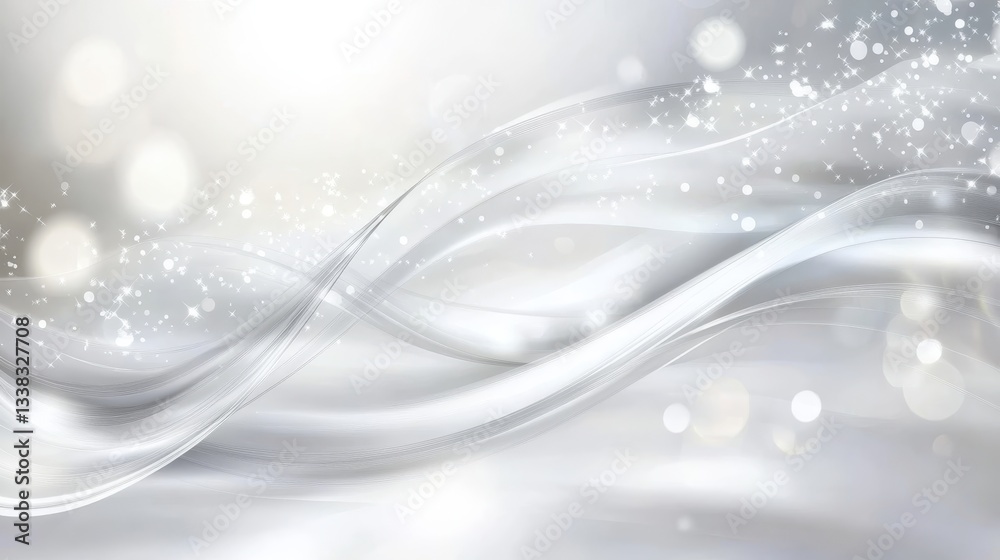 Poster sleek metallic waves undulating across luminous surface, embellished with glittering particles and s