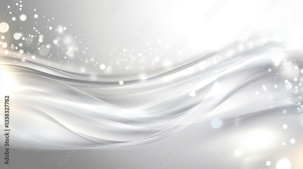 Poster silver waves undulating smoothly, gliding across gradient backdrop, shimmering particles casting lum
