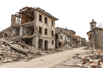 Destroyed Cityscape After Earthquake - Isolated on White Background - Transparent PNG - AI Generated