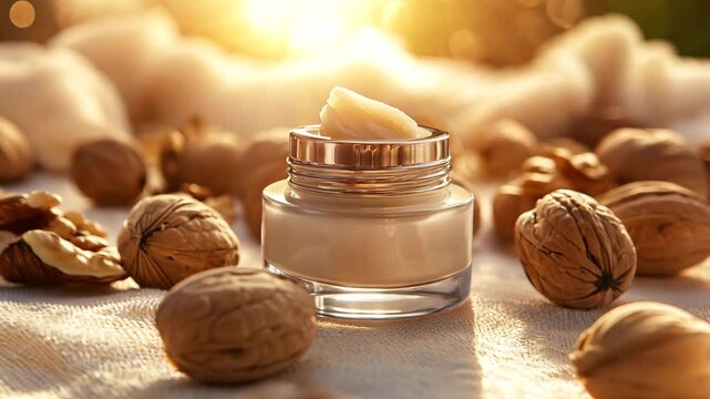 A glass jar of luxurious, walnut-infused skincare cream sits among whole and shelled walnuts, illuminated by warm natural sunlight. The outdoor setting and soft golden light emphasize the organic 