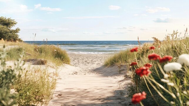 Pathway along a beach bordered by sand dunes and wild vegetation.