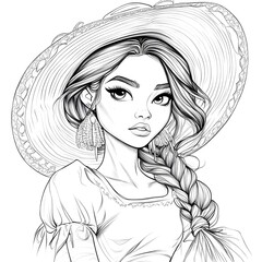 Fototapeta premium Beautiful girl with wide-brimmed hat for kids coloring book. Fine line details, ready to color. Suitable for training creativity, imagination, and fine motor skills.