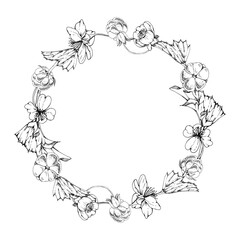 Cloudberry raspberry with white flowers, hand drawn vector ink, ripe Scandinavian forest berry on stems. Isolated botanical wreath crown frame illustration. Restaurant, cafe menu, farmers market