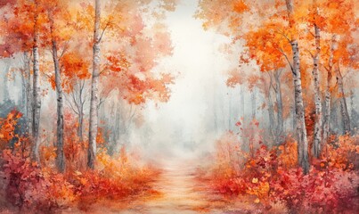 Fototapeta premium Autumn forest landscape with vibrant orange foliage and misty pathway