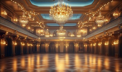 Obraz premium Elegant ballroom with grand chandeliers and ornate decor in luxurious setting