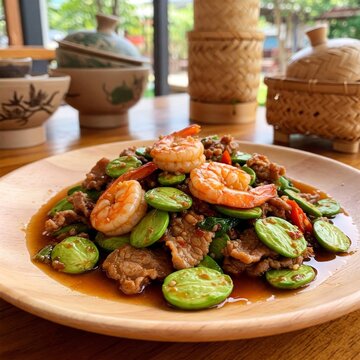 Stir Fried Stink Bean with Pork and Shrimp Paste (Moo Pad Kapi Sator) Thai Food spicy dish sideview