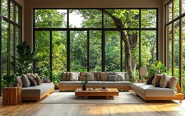 Fototapeta premium Modern Living Room Design with Forest View