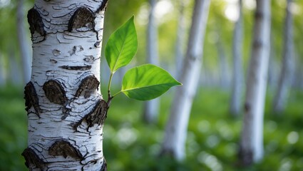 Obraz premium Stunning birch tree with white bark in a grove featuring green leaves during early summer.
