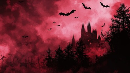 red Halloween background with silhouettes of trees, dark castle in the background