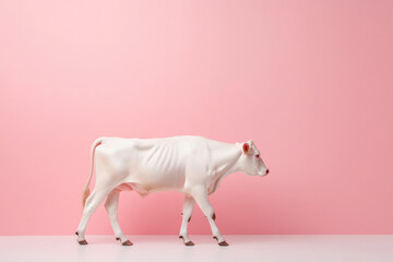 Obraz premium White cow walking on white surface with pink background