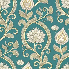 Elegant Floral Pattern with Intricate Line Art on Teal Background