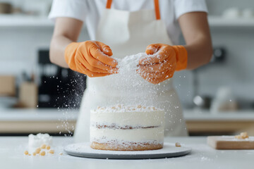 Pastry chef sprinkling icing sugar on delicious cake in professional kitchen