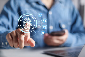 Biometric cyber security system and access control concept. Access security personal data on scan fingerprint identification, Cybersecurity and privacy to protect data.