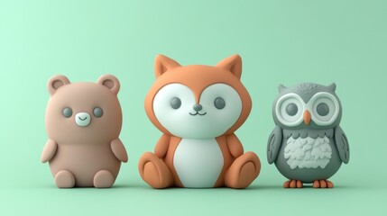 Obraz premium Three Adorable Stuffed Toy Animals Posed on Green Background