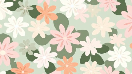 Light green backdrop featuring pink, white floral pattern with verdant leaves blooming, generating cheerful, vibrant botanical design