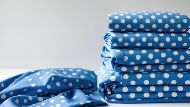 Stack of blue cotton bedding set against a white background.