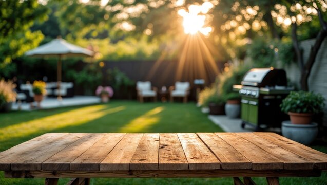 summer time gathering in backyard garden featuring grill BBQ, wooden table, blurred background