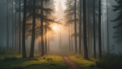 Fototapeta premium Beautiful sunrise in the misty forest. Sunlight filters through the trees in the fog.