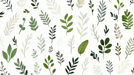 Green and beige leaves in various shapes and sizes form a seamless pattern, perfect for nature inspired designs, fabric prints, wallpapers, and website backgrounds